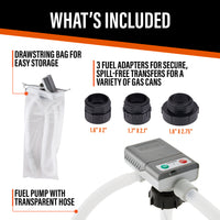 DeWay Gas Can Fuel Transfer Pump | Ultra Fast 3.8 GPM Flow Rate, Long 51” Hose, Storage Bag & 3 Can Adapters for Gasoline, Kerosene, Diesel & Non-Potable Water | USB-C Cable or Battery Power