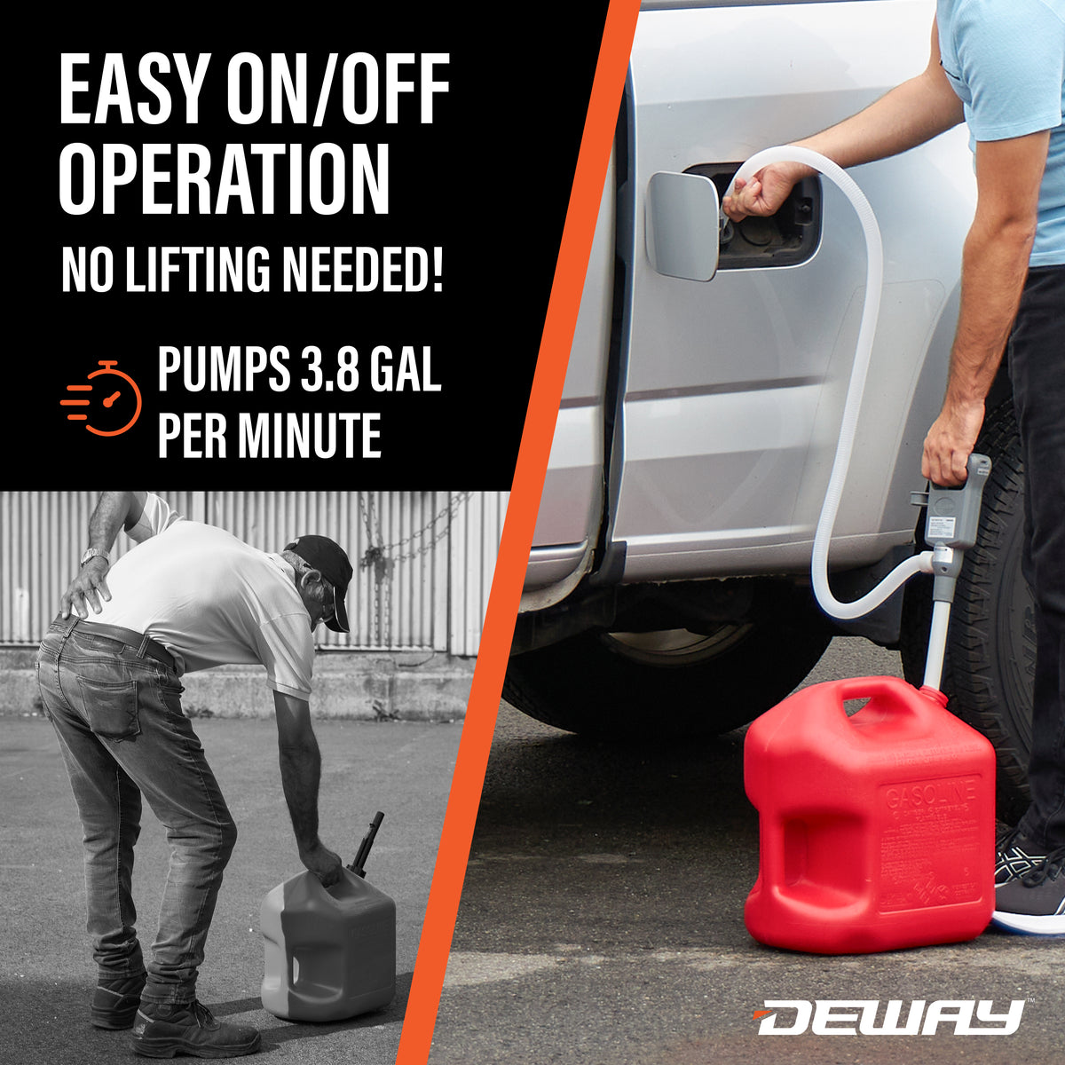 Deway Automatic Fuel Transfer Pump, Powerful AA Battery Powered with USB-C Power Option, 51" Extra Long Hose Fits All Size Cans, Portable Liquid Pump Transfers at 3.8 Gal/Minute