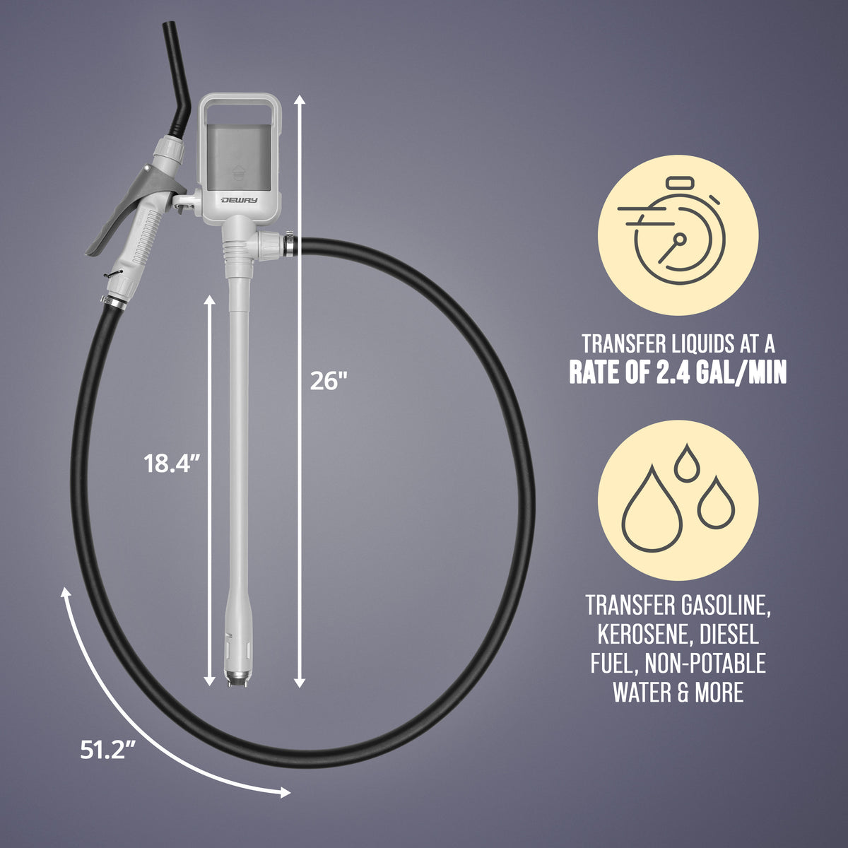 DEWAY Automatic Fuel Transfer Pump with Nozzle for Quick Flow Control & Stop, Heavy Duty Rubber Hose, 3X More Powerful D Battery Powered, Fits All Size Cans, Transfers at 2.4 Gal/Minute