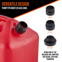 DeWay Fuel Transfer Pump for Gas Can with Basic Clip-On Nozzle | Fast 2.4GPM Flow Rate, Long 51” Tube, Easy 4 AA Battery Power & 3 Fuel Can Adapters for Gasoline, Kerosene, Diesel & Non-Potable Water