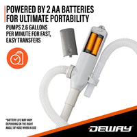 Deway Automatic Fuel Transfer Pump - AA Battery Powered, Extra Long Hose Fits All Size Cans, Portable Liquid Pump Transfers Gasoline, Water & More at 2.6 Gal/Minute