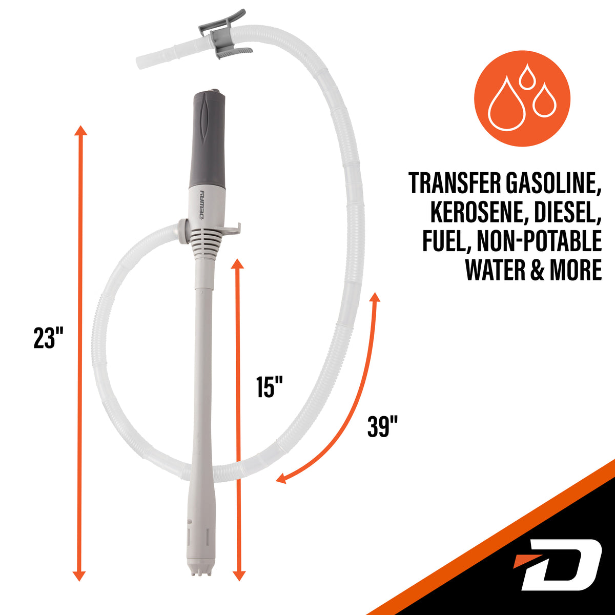 Deway Automatic Fuel Transfer Small 15" Pump - Powerful D Battery Powered, 39" Extra Long Hose Fits All Size Cans, Portable Liquid Pump Transfers Gasoline, Water & More at 2.6 Gal/Minute