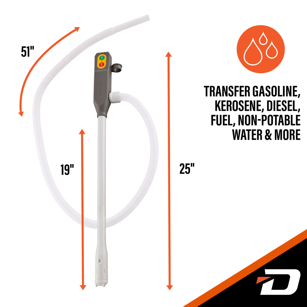 DeWay Battery-Powered Stick Fuel Transfer Pump with Fast 3.2GPM Flow Rate & 51” Clear Transfer Hose for Hands-Free Use | Fits Most Gas Cans for Pumping Gasoline, Kerosene, Diesel & Non-Potable Water