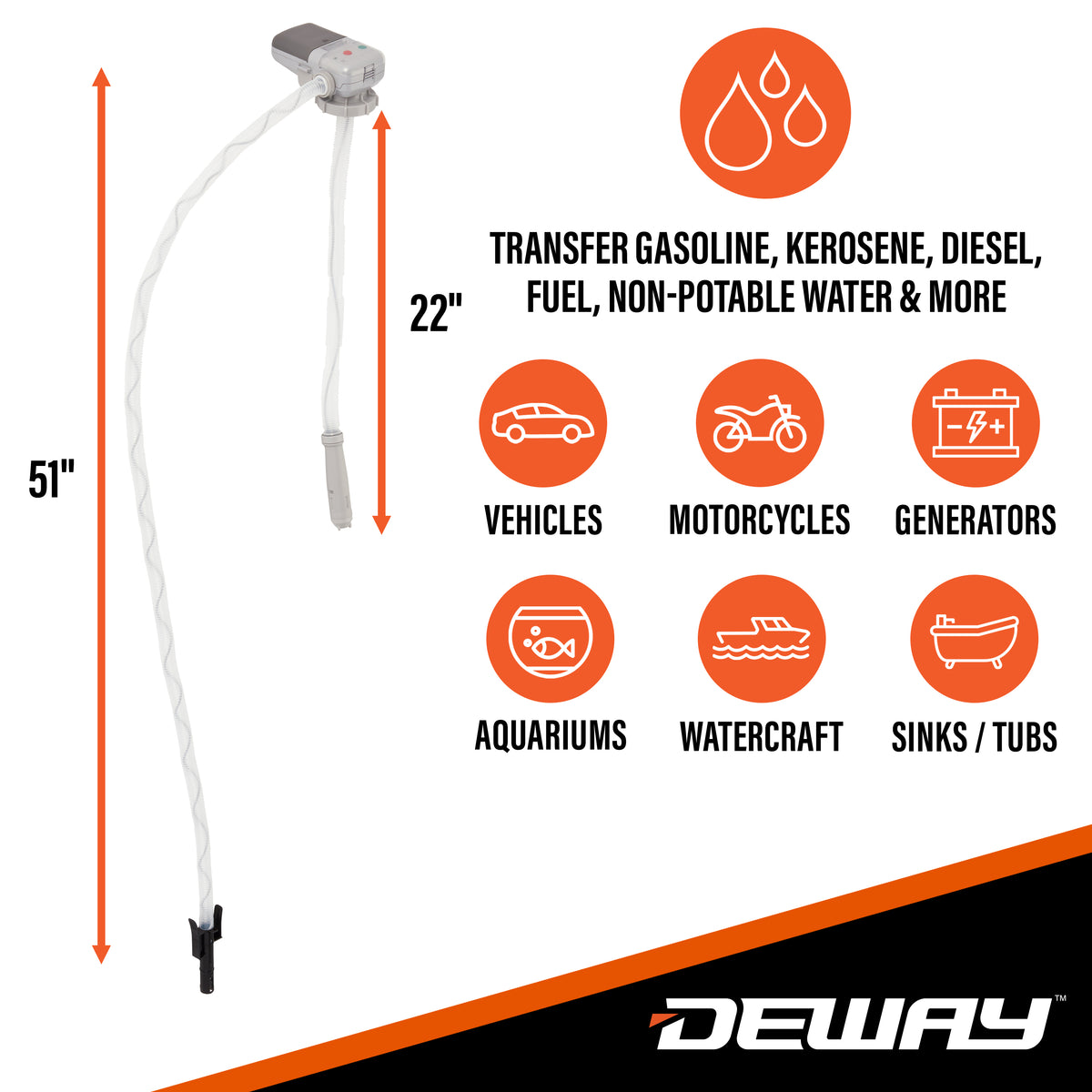 Deway Automatic Fuel Transfer Pump with Auto-Stop, AA Battery Powered, Advanced Adapters For All Size Gas & VP Racing Cans, Extra Long 51" Hose, Portable Liquid Pump for Gasoline, Diesel Fuel