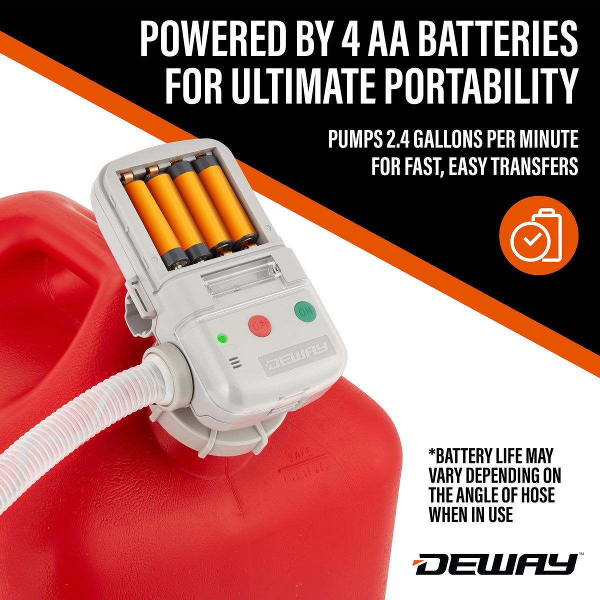 Deway Automatic Fuel Transfer Pump with Auto-Stop, AA Battery Powered, Advanced Adapters For All Size Gas & VP Racing Cans, Extra Long 51" Hose, Portable Liquid Pump for Gasoline, Diesel Fuel