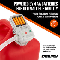 Deway Automatic Fuel Transfer Pump with Auto-Stop, AA Battery Powered, Advanced Adapters For All Size Gas & VP Racing Cans, Extra Long 51" Hose, Portable Liquid Pump for Gasoline, Diesel Fuel