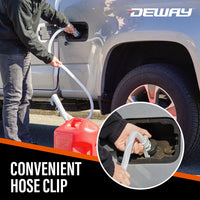 DeWay Battery-Powered Stick Fuel Transfer Pump with Auto-Stop Nozzle, Fast 3.2GPM Flow Rate & 51” Clear Transfer Hose, Fits Most Gas Cans for Pumping Gasoline, Kerosene, Diesel & Non-Potable Water