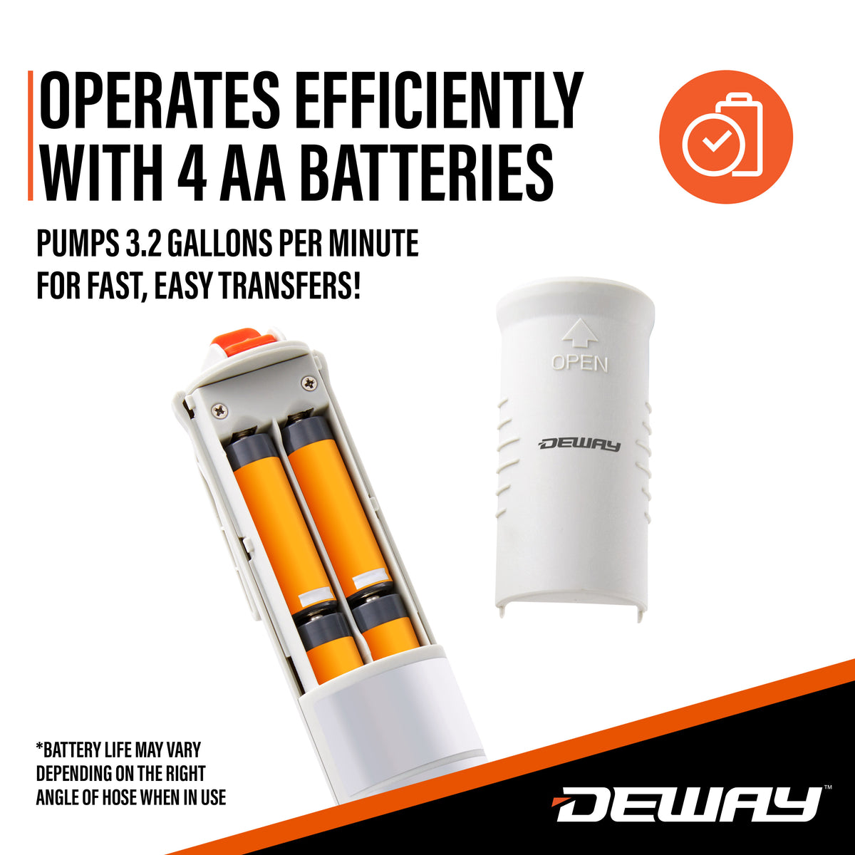 DeWay Battery-Powered Stick Fuel Transfer Pump with Auto-Stop Nozzle, Fast 3.2GPM Flow Rate & 51” Clear Transfer Hose, Fits Most Gas Cans for Pumping Gasoline, Kerosene, Diesel & Non-Potable Water