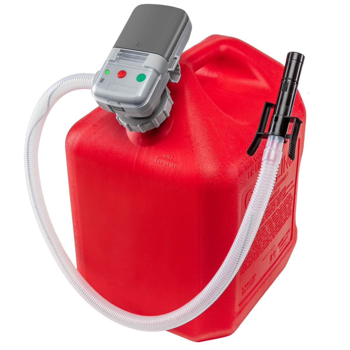 DeWay Fuel Transfer Pump for Gas Can with Precision Auto-Shutoff Nozzle | Fast 2.4GPM Flow Rate, Long 51” Hose, 4 AA Battery Power & 3 Fuel Adapters for Gasoline, Kerosene, Diesel & Non-Potable Water