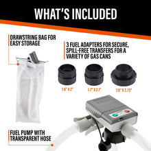 Load image into Gallery viewer, DeWay Gas Can Fuel Transfer Pump w/Auto Stop &amp; Beep | Fast 3.8 GPM Flow Rate, 51” Hose, Storage Bag &amp; 3 Can Adapters for Gasoline, Kerosene, Diesel &amp; Non-Potable Water | USB-C Cable &amp; Battery Power

