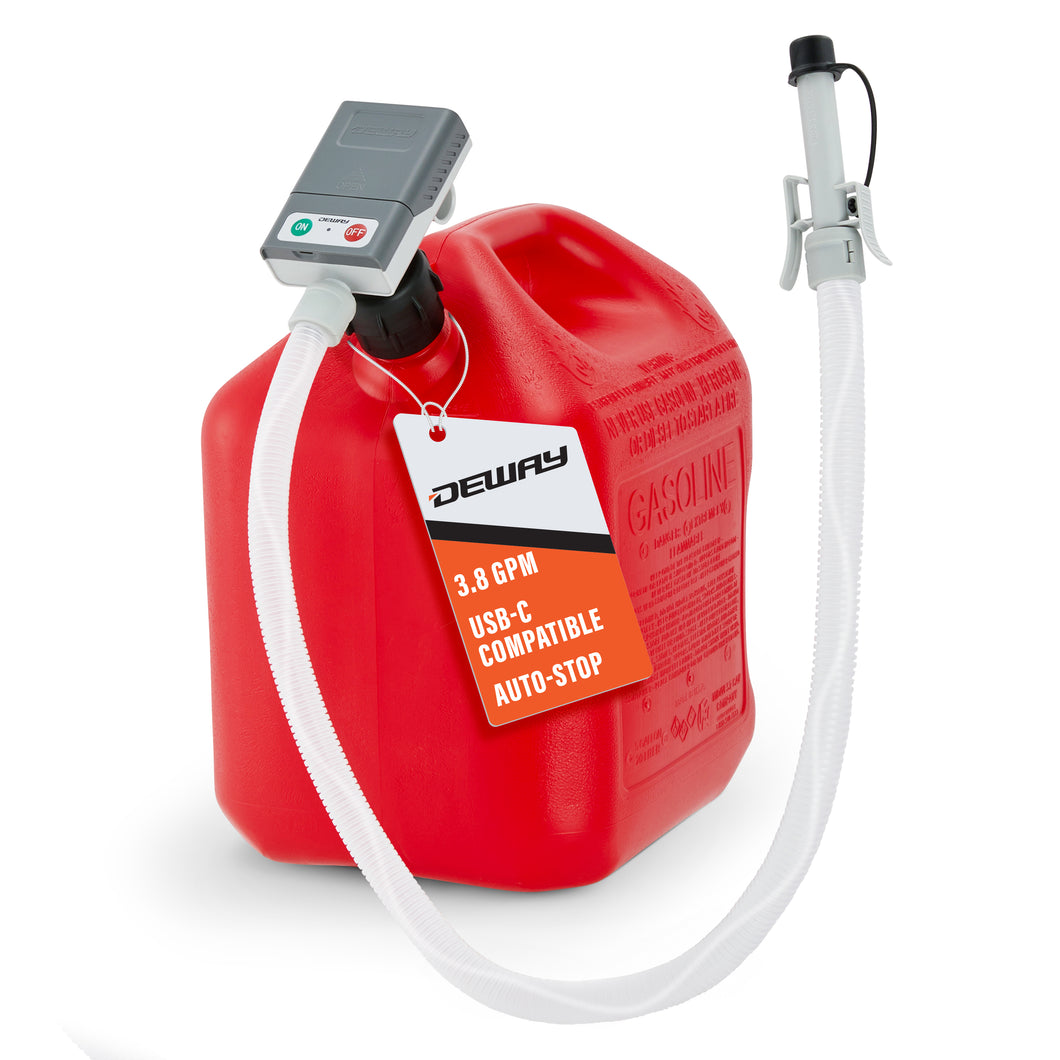 DeWay Gas Can Fuel Transfer Pump w/Auto Stop & Beep | Fast 3.8 GPM Flow Rate, 51” Hose, Storage Bag & 3 Can Adapters for Gasoline, Kerosene, Diesel & Non-Potable Water | USB-C Cable & Battery Power