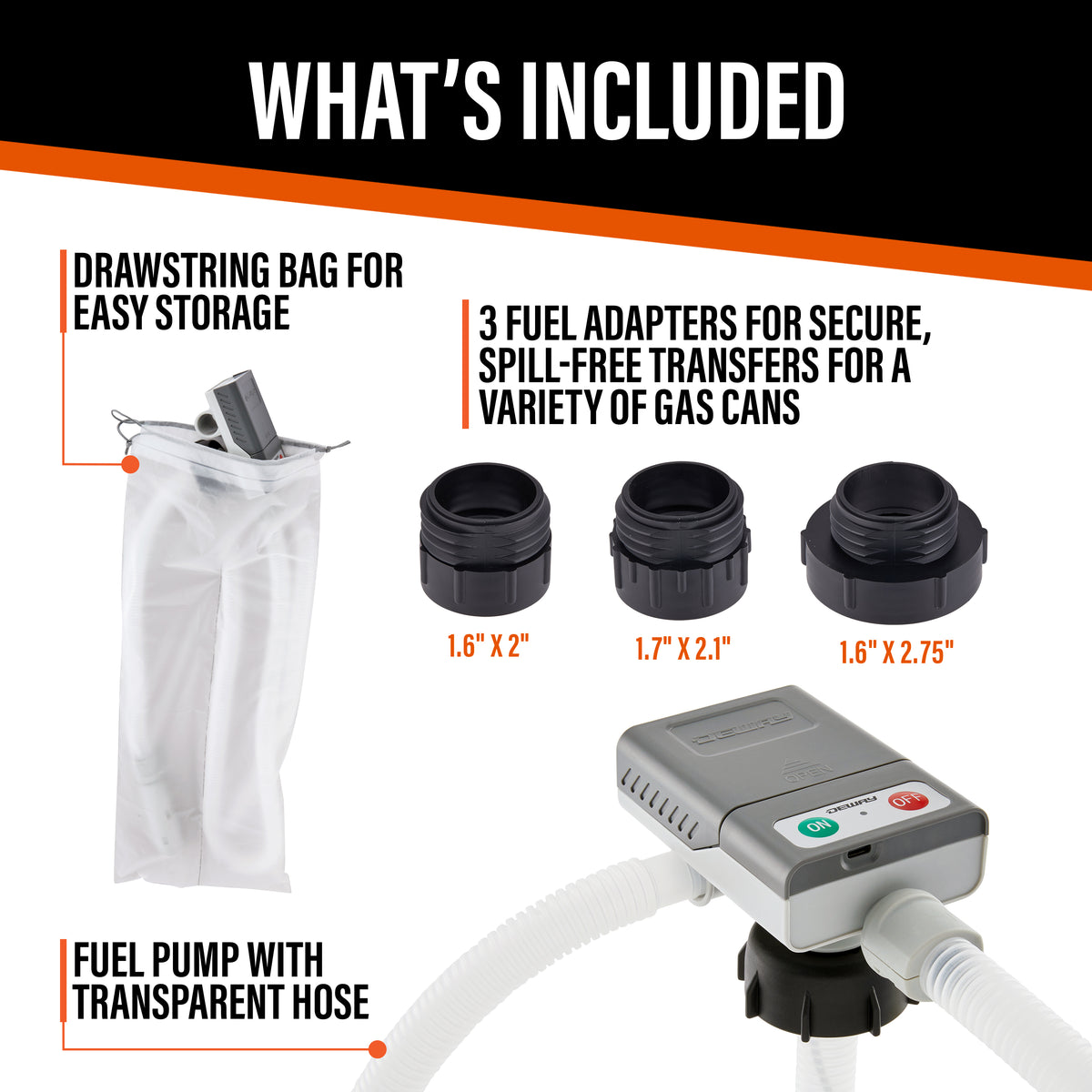 DeWay Gas Can Fuel Transfer Pump | Ultra Fast 3.8 GPM Flow Rate, Long 51” Hose, Storage Bag & 3 Can Adapters for Gasoline, Kerosene, Diesel & Non-Potable Water | USB-C Cable or Battery Power