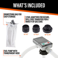 DeWay Gas Can Fuel Transfer Pump | Ultra Fast 3.8 GPM Flow Rate, Long 51” Hose, Storage Bag & 3 Can Adapters for Gasoline, Kerosene, Diesel & Non-Potable Water | USB-C Cable or Battery Power