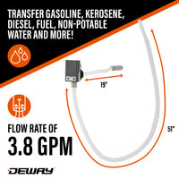 DeWay Gas Can Fuel Transfer Pump | Ultra Fast 3.8 GPM Flow Rate, Long 51” Hose, Storage Bag & 3 Can Adapters for Gasoline, Kerosene, Diesel & Non-Potable Water | USB-C Cable or Battery Power