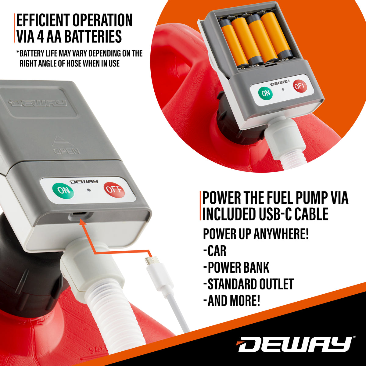 DeWay Gas Can Fuel Transfer Pump | Ultra Fast 3.8 GPM Flow Rate, Long 51” Hose, Storage Bag & 3 Can Adapters for Gasoline, Kerosene, Diesel & Non-Potable Water | USB-C Cable or Battery Power