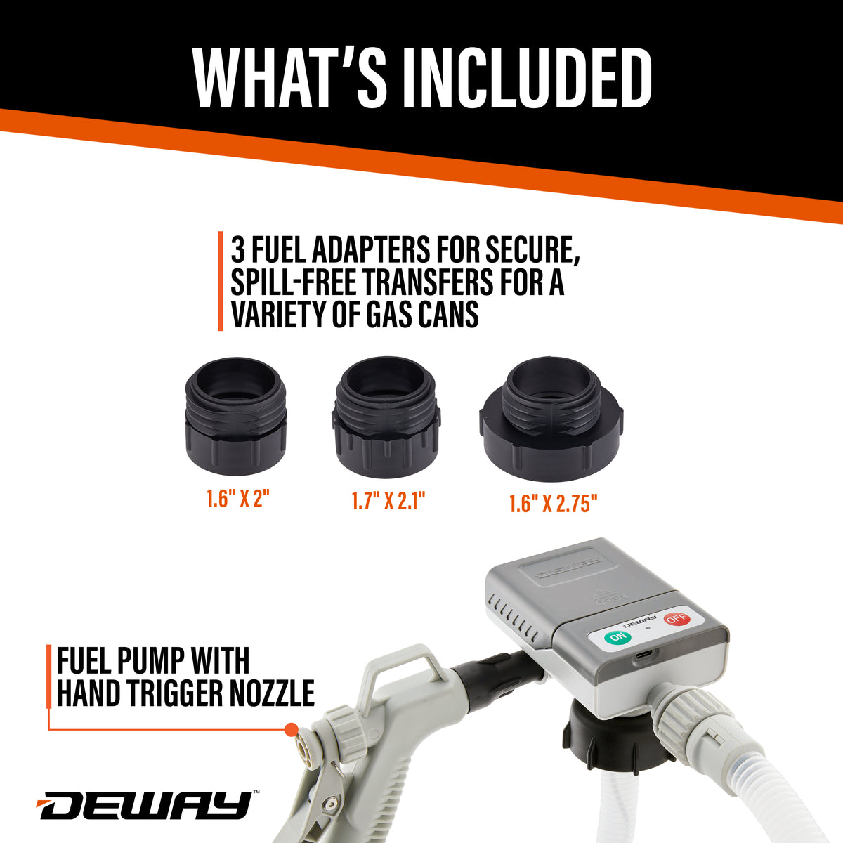 DeWay Gas Can Fuel Transfer Pump with Trigger Nozzle | Fast 3.8 GPM Flow Rate, 51” Hose & 3 Can Adapters for Gasoline, Kerosene, Diesel & Non-Potable Water | USB-C Cable or Battery Power