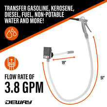 Load image into Gallery viewer, DeWay Gas Can Fuel Transfer Pump with Trigger Nozzle | Fast 3.8 GPM Flow Rate, 51” Hose &amp; 3 Can Adapters for Gasoline, Kerosene, Diesel &amp; Non-Potable Water | USB-C Cable or Battery Power
