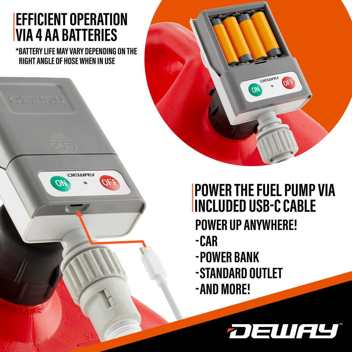 DeWay Gas Can Fuel Transfer Pump with Trigger Nozzle | Fast 3.8 GPM Flow Rate, 51” Hose & 3 Can Adapters for Gasoline, Kerosene, Diesel & Non-Potable Water | USB-C Cable or Battery Power