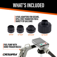 Load image into Gallery viewer, DeWay Gas Can Fuel Transfer Pump with Trigger Nozzle | Fast 3.8 GPM Flow Rate, 51” Rubber Hose &amp; 4 Can Adapters for Gasoline, Kerosene, Diesel &amp; Non-Potables | USB-C Cable &amp; Battery Power
