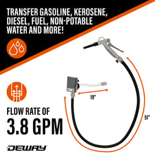 Load image into Gallery viewer, DeWay Gas Can Fuel Transfer Pump with Trigger Nozzle | Fast 3.8 GPM Flow Rate, 51” Rubber Hose &amp; 4 Can Adapters for Gasoline, Kerosene, Diesel &amp; Non-Potables | USB-C Cable &amp; Battery Power
