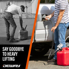 Load image into Gallery viewer, DeWay Fuel Transfer Pump for Gas Can with Manual Hand Trigger Nozzle | Fast 2.4GPM Flow Rate, 51” Heavy Rubber Hose, 4 AA Battery Power &amp; 3 Adapters for Gasoline, Kerosene, Diesel &amp; Non-Potable Wate
