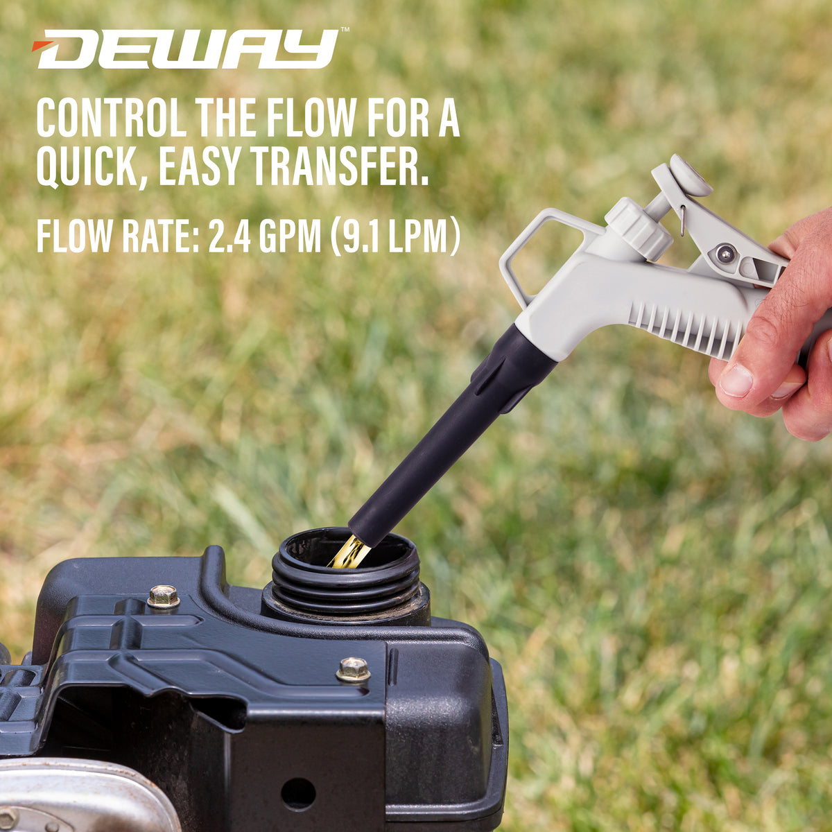 DeWay Fuel Transfer Pump for Gas Can with Manual Hand Trigger Nozzle | Fast 2.4GPM Flow Rate, 51” Heavy Rubber Hose, 4 AA Battery Power & 3 Adapters for Gasoline, Kerosene, Diesel & Non-Potable Wate