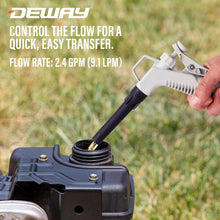 Load image into Gallery viewer, DeWay Fuel Transfer Pump for Gas Can with Manual Hand Trigger Nozzle | Fast 2.4GPM Flow Rate, 51” Heavy Rubber Hose, 4 AA Battery Power &amp; 3 Adapters for Gasoline, Kerosene, Diesel &amp; Non-Potable Wate
