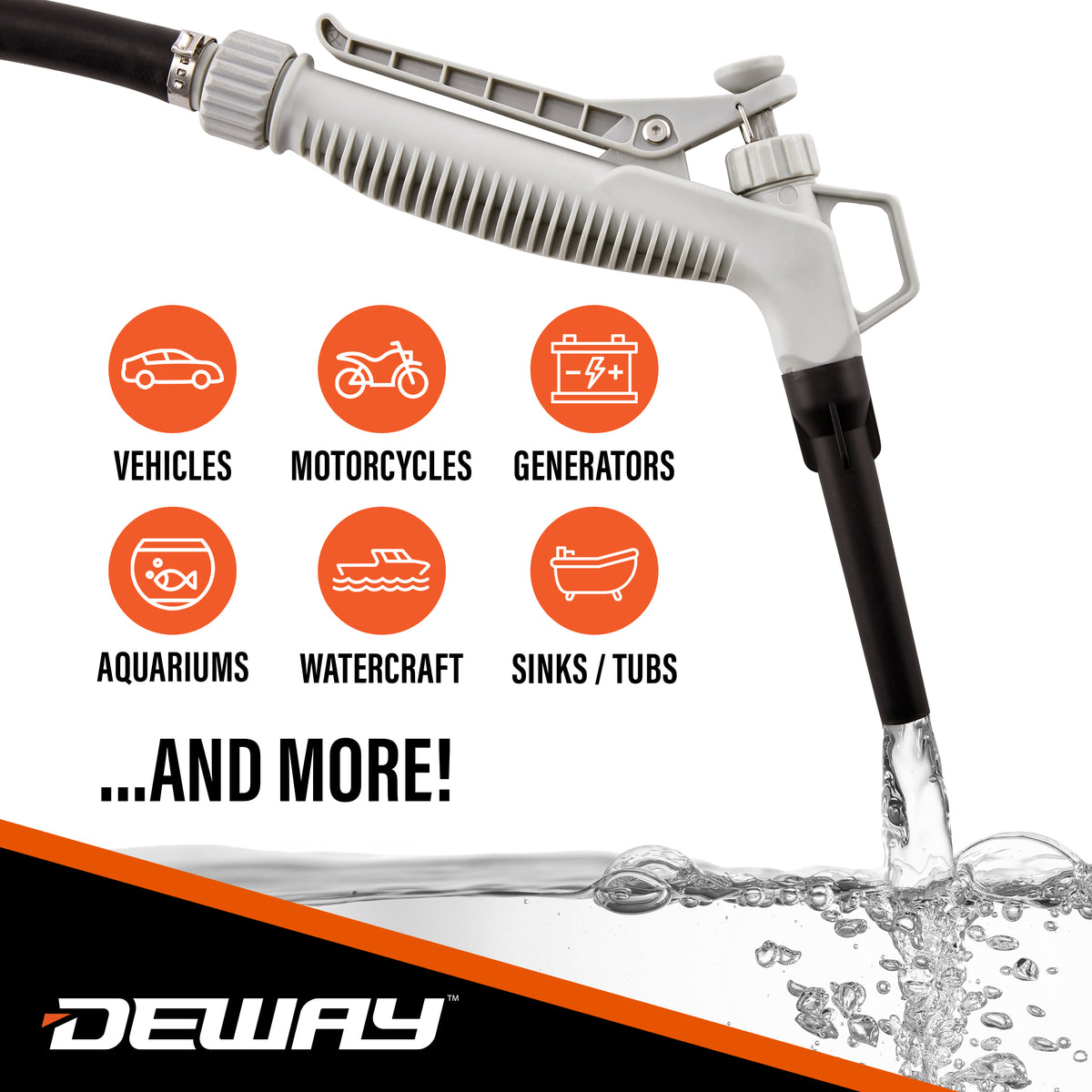 DeWay Fuel Transfer Pump for Gas Can with Manual Hand Trigger Nozzle | Fast 2.4GPM Flow Rate, 51” Heavy Rubber Hose, 4 AA Battery Power & 3 Adapters for Gasoline, Kerosene, Diesel & Non-Potable Wate