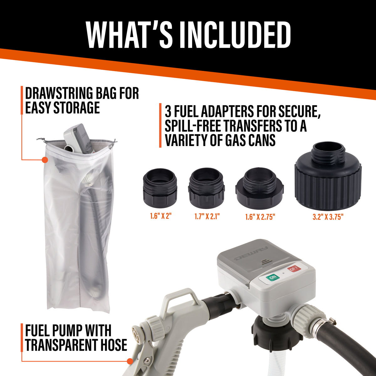 DeWay Fuel Transfer Pump for Gas Can with Manual Hand Trigger Nozzle | Fast 2.4GPM Flow Rate, 51” Heavy Rubber Hose, 4 AA Battery Power & 3 Adapters for Gasoline, Kerosene, Diesel & Non-Potable Wate