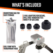 Load image into Gallery viewer, DeWay Fuel Transfer Pump for Gas Can with Manual Hand Trigger Nozzle | Fast 2.4GPM Flow Rate, 51” Heavy Rubber Hose, 4 AA Battery Power &amp; 3 Adapters for Gasoline, Kerosene, Diesel &amp; Non-Potable Wate
