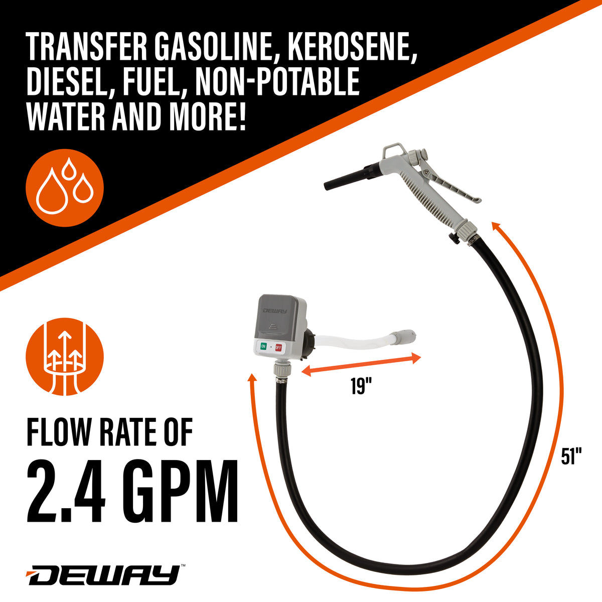 DeWay Fuel Transfer Pump for Gas Can with Manual Hand Trigger Nozzle | Fast 2.4GPM Flow Rate, 51” Heavy Rubber Hose, 4 AA Battery Power & 3 Adapters for Gasoline, Kerosene, Diesel & Non-Potable Wate