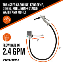 Load image into Gallery viewer, DeWay Fuel Transfer Pump for Gas Can with Manual Hand Trigger Nozzle | Fast 2.4GPM Flow Rate, 51” Heavy Rubber Hose, 4 AA Battery Power &amp; 3 Adapters for Gasoline, Kerosene, Diesel &amp; Non-Potable Wate
