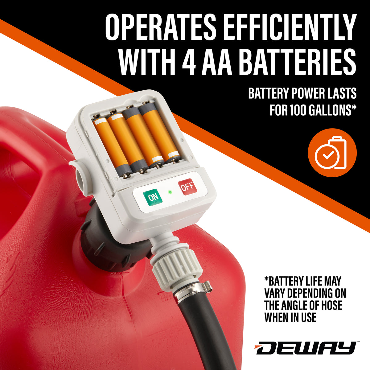 DeWay Fuel Transfer Pump for Gas Can with Manual Hand Trigger Nozzle | Fast 2.4GPM Flow Rate, 51” Heavy Rubber Hose, 4 AA Battery Power & 3 Adapters for Gasoline, Kerosene, Diesel & Non-Potable Wate