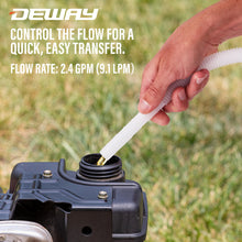 Load image into Gallery viewer, DeWay Fuel Transfer Pump for Gas Can with Basic Clip-On Nozzle | Fast 2.4GPM Flow Rate, Long 51” Tube, Easy 4 AA Battery Power &amp; 3 Fuel Can Adapters for Gasoline, Kerosene, Diesel &amp; Non-Potable Water
