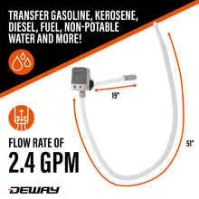 Load image into Gallery viewer, DeWay Fuel Transfer Pump for Gas Can with Basic Clip-On Nozzle | Fast 2.4GPM Flow Rate, Long 51” Tube, Easy 4 AA Battery Power &amp; 3 Fuel Can Adapters for Gasoline, Kerosene, Diesel &amp; Non-Potable Water
