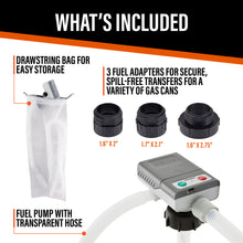 Load image into Gallery viewer, DeWay Fuel Transfer Pump for Gas Can with Basic Clip-On Nozzle | Fast 2.4GPM Flow Rate, Long 51” Tube, Easy 4 AA Battery Power &amp; 3 Fuel Can Adapters for Gasoline, Kerosene, Diesel &amp; Non-Potable Water

