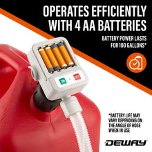 Load image into Gallery viewer, DeWay Fuel Transfer Pump for Gas Can with Basic Clip-On Nozzle | Fast 2.4GPM Flow Rate, Long 51” Tube, Easy 4 AA Battery Power &amp; 3 Fuel Can Adapters for Gasoline, Kerosene, Diesel &amp; Non-Potable Water
