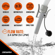 Load image into Gallery viewer, DeWay Fuel Transfer Pump for Gas Can with Precision Auto-Shutoff Nozzle | Fast 2.4GPM Flow Rate, Long 51” Hose, 4 AA Battery Power &amp; 3 Fuel Adapters for Gasoline, Kerosene, Diesel &amp; Non-Potable Water
