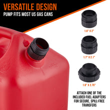 Load image into Gallery viewer, DeWay Fuel Transfer Pump for Gas Can with Precision Auto-Shutoff Nozzle | Fast 2.4GPM Flow Rate, Long 51” Hose, 4 AA Battery Power &amp; 3 Fuel Adapters for Gasoline, Kerosene, Diesel &amp; Non-Potable Water
