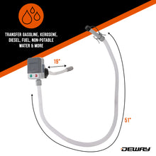 Load image into Gallery viewer, DeWay Fuel Transfer Pump for Gas Can with Precision Auto-Shutoff Nozzle | Fast 2.4GPM Flow Rate, Long 51” Hose, 4 AA Battery Power &amp; 3 Fuel Adapters for Gasoline, Kerosene, Diesel &amp; Non-Potable Water

