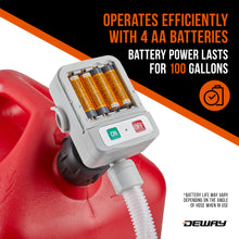 Load image into Gallery viewer, DeWay Fuel Transfer Pump for Gas Can with Precision Auto-Shutoff Nozzle | Fast 2.4GPM Flow Rate, Long 51” Hose, 4 AA Battery Power &amp; 3 Fuel Adapters for Gasoline, Kerosene, Diesel &amp; Non-Potable Water
