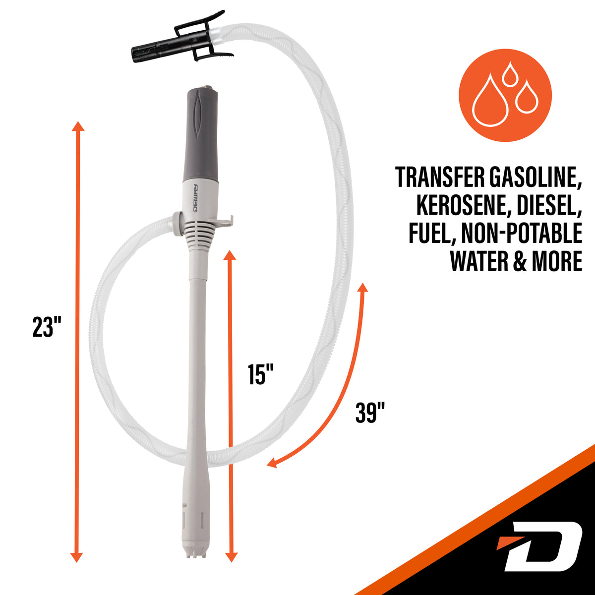 Deway Automatic Fuel Transfer Small 15 Inch Pump with Auto-Stop, Powerful D Battery Powered, 39 Inch Extra Long Hose, Portable Liquid Pump Transfers Gasoline, Water & More - 2.4 Gal/Minute
